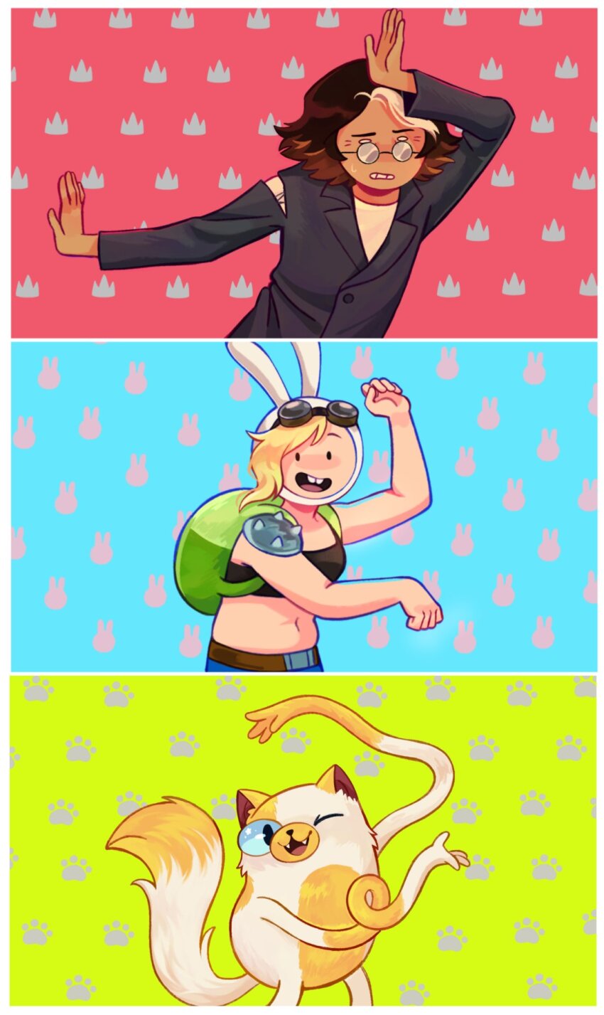 1boy, 2girls, adventure_time, adventure_time:_fionna_and_cake, animal, animal_hood, backpack, bag