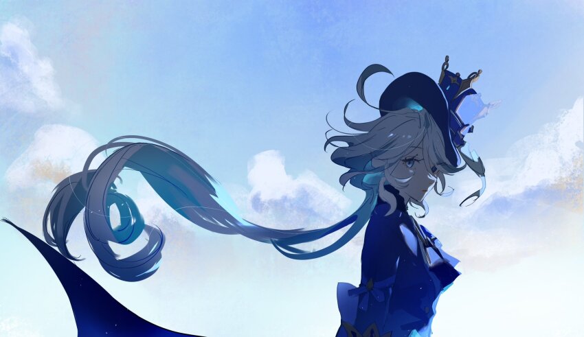 1girl, ascot, black_ascot, blue_eyes, blue_hair, blue_hat, blue_jacket, blue_sky