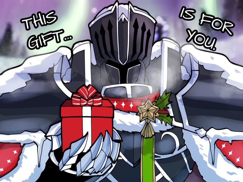 armor, black_knight_(fire_emblem), black_knight_(winter)_(fire_emblem), christmas, christmas_ornaments, english_text, facing_viewer, fire_emblem, fire_emblem_heroes, fog, gift, holding, holding_gift, knight, looking_at_viewer, mnejing30, nintendo, official_alternate_costume, pine_tree, snow, tree, upper_body