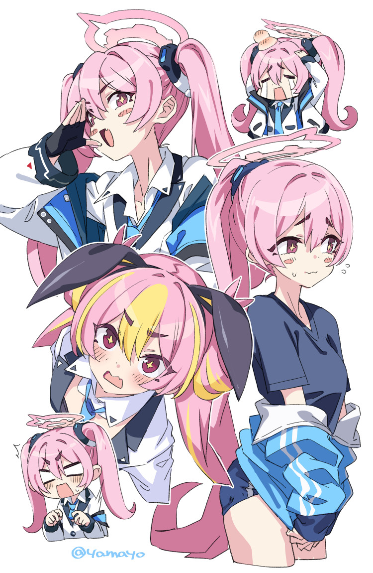 1girl, black_gloves, black_shirt, blonde_hair, blue_archive, blue_buruma, blue_jacket, blue_necktie