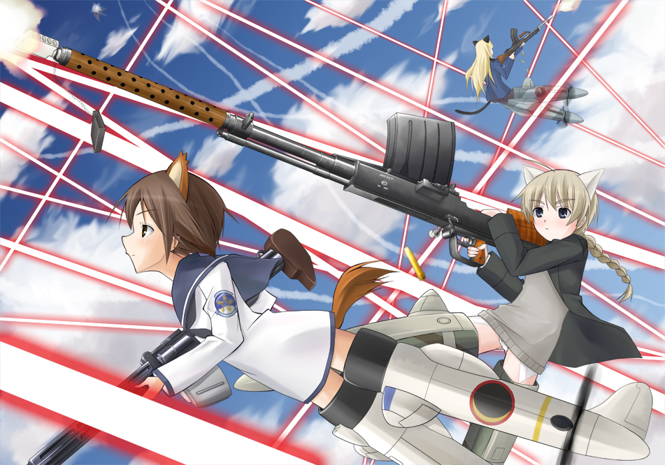 3girls, animal_ears, anti-materiel_rifle, battle, beam, blonde_hair, blue_eyes, braid