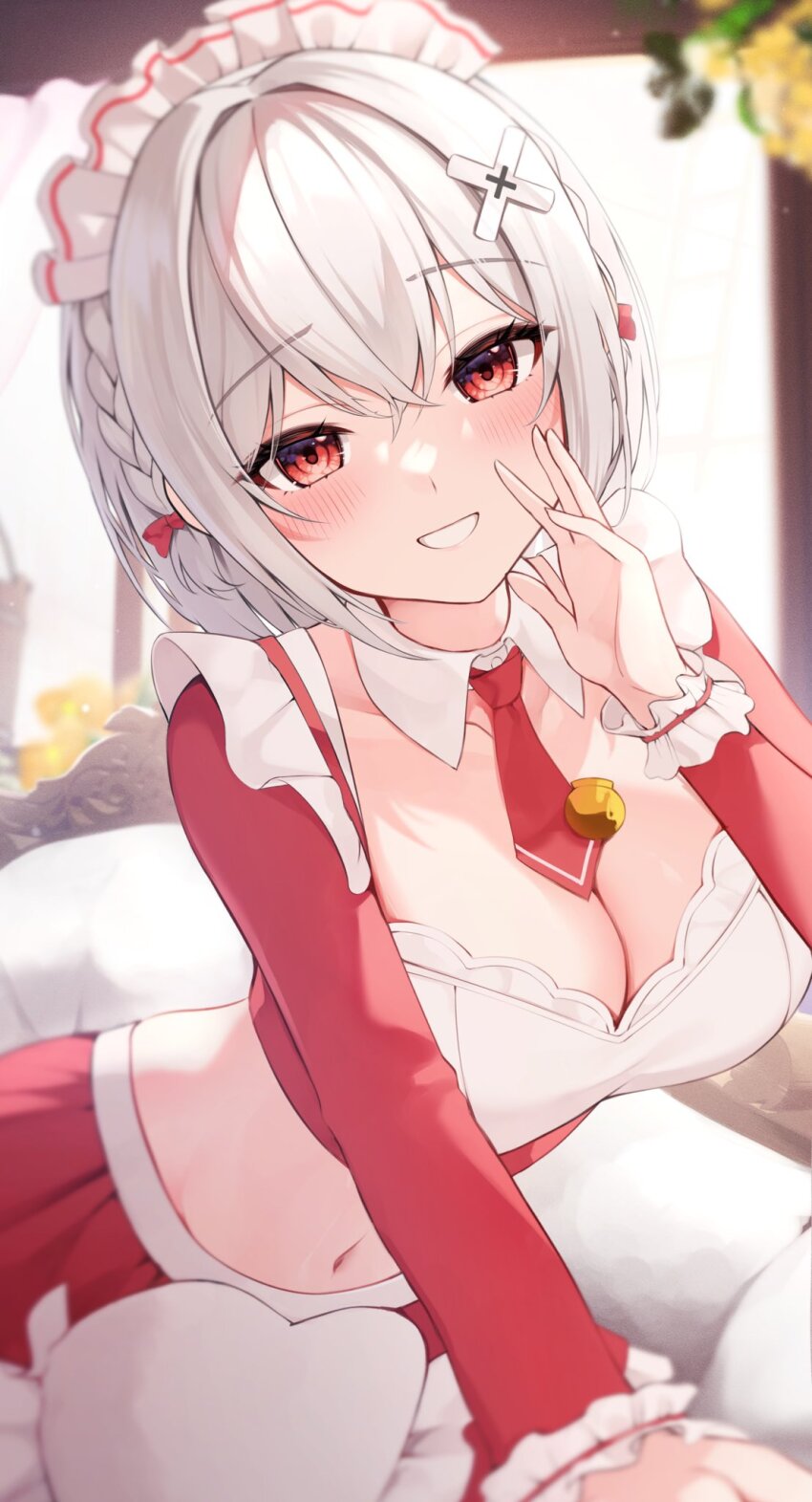 1girl, blurry, blurry_background, blush, braid, breasts, cleavage, commentary_request