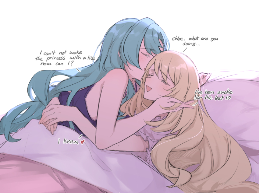 2girls, alternate_costume, bed_sheet, blonde_hair, blue_hair, celine_(fire_emblem), chloe_(fire_emblem), closed_eyes