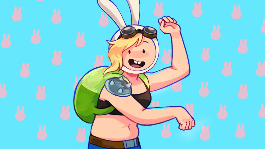 adventure_time, adventure_time:_fionna_and_cake, animal_ears, backpack, bag, belt, black_bra, blonde_hair