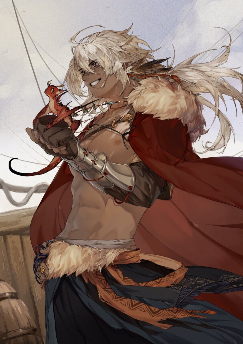 1boy, armor, bare_pectorals, barrel, bead_necklace, beads, black_pants, blue_jacket, blue_sky, brown_gloves, brown_hair, cape, character_request, clothes_around_waist, cloud, commentary_request, copyright_request, dark-skinned_male, dark_skin, day, dragon, dragon_on_hand, elbow_gloves, facial_tattoo, feather_hair_ornament, feathers, fingerless_gloves, fur-trimmed_cape, fur-trimmed_jacket, fur_trim, gloves, greaves, hair_lift, hair_ornament, highres, jacket, jacket_around_waist, jewelry, long_hair, looking_ahead, loose_hair_strand, low_ponytail, luc_oldgoat, male_focus, necklace, nipples, no_shirt, open_mouth, outdoors, pants, pectorals, pirate_ship, ponytail, red_cape, red_scales, single_greave, sky, small_dragon, smile, solo, strap, tattoo, teeth, white_hair