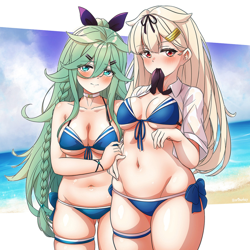 2girls, aqua_eyes, arthur_ko, bikini, black_ribbon, blonde_hair, blue_bikini, blush