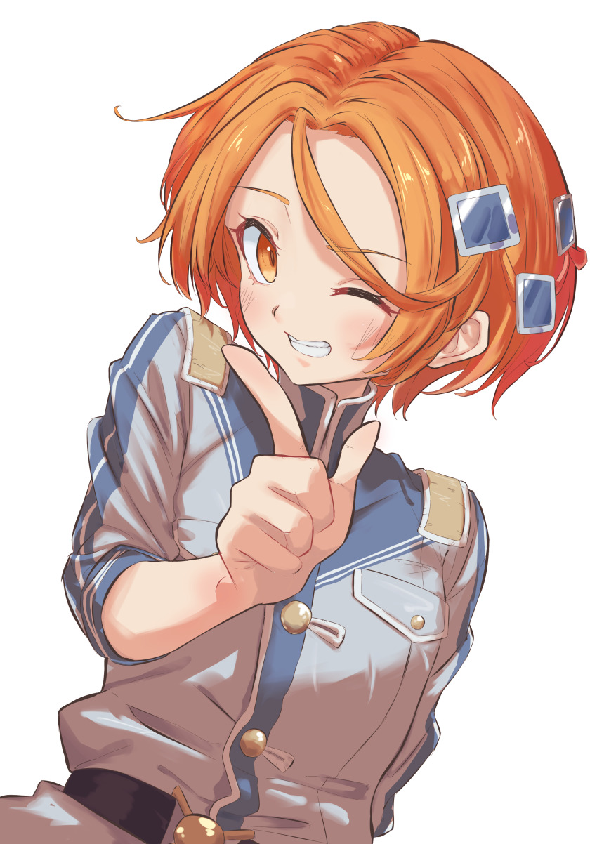 1boy, absurdres, angou_gakuen_no_iroha, grey_shirt, hair_ornament, highres, index_finger_raised, irohazaka_iroha, lamune_otohara, looking_at_viewer, male_focus, one_eye_closed, orange_eyes, orange_hair, school_uniform, shirt, short_hair, simple_background, smile, solo, white_background