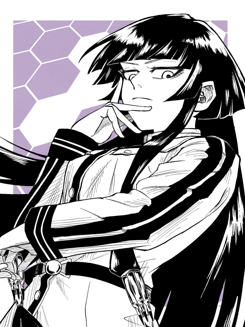 06rero06, 1girl, angou_gakuen_no_iroha, black_hair, frown, hand_up, highres, long_hair