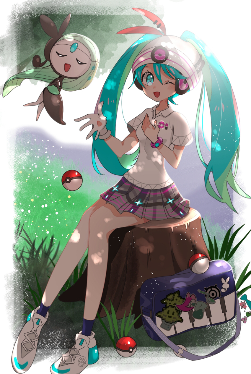 gen_5_pokemon, hatsune_miku, highres, legendary_pokemon, long_hair, meloetta, mythical_pokemon, nintendo, no_feet, one_eye_closed, poke_ball, poke_ball_(basic), pokemon, pokemon_(creature), project_voltage, psychic_miku_(project_voltage), sorami, twintails, very_long_hair, vocaloid
