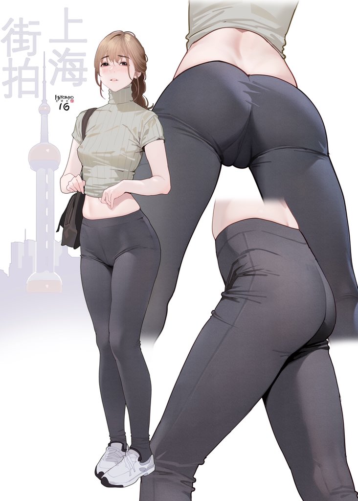 1girl, ass, bag, black_pants, blush, braid, brown_eyes, brown_hair