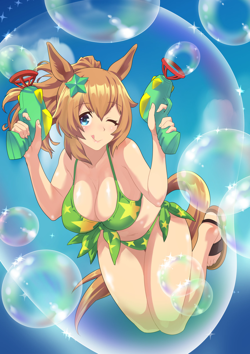 1girl, absurdres, alternate_costume, animal_ears, bikini, blue_eyes, blue_sky, breasts, brown_hair, bubble, bubble_gun, cleavage, closed_mouth, commentary_request, front-tie_bikini_top, front-tie_top, hair_between_eyes, hair_ornament, highres, horse_ears, horse_girl, horse_tail, kazakoshi_nonta, large_breasts, looking_at_viewer, medium_hair, midair, multicolored_bikini, navel, one_eye_closed, outdoors, sandals, side-tie_bikini_bottom, sky, smile, soap_bubbles, swimsuit, taiki_shuttle_(umamusume), tail, tongue, tongue_out, two-tone_bikini, umamusume