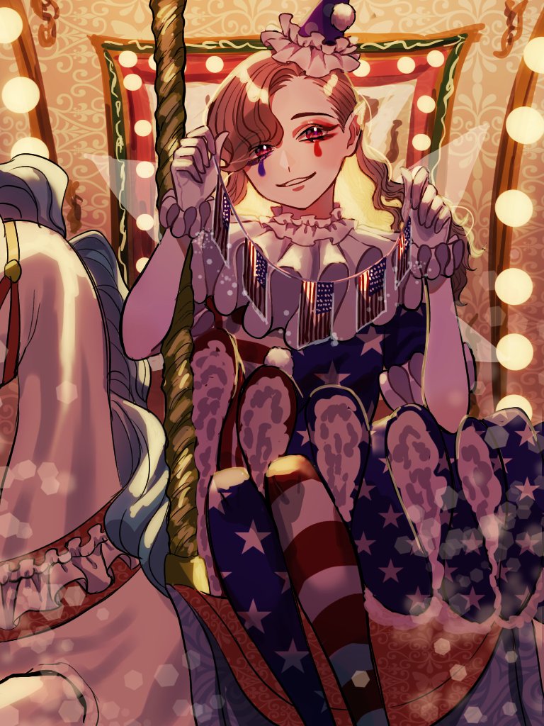1girl, alternate_costume, alternate_hairstyle, american_flag_dress, american_flag_legwear, blonde_hair, carousel, clownpiece