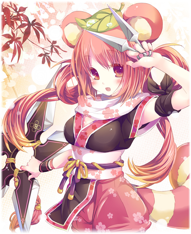 1girl, :d, animal_ears, anju_(mabinogi), arm_ribbon, armband, between_fingers, black_armband, black_kimono, black_ribbon, blush, breasts, floral_print, glint, hair_rings, hand_up, holding, japanese_clothes, kimono, kunai, leaf, leaf_on_head, mabinogi, medium_breasts, ninja, obi, open_mouth, pink_hair, pink_shorts, print_sash, print_scarf, print_shorts, raccoon_ears, raccoon_girl, raccoon_tail, red_eyes, ribbon, sash, scarf, shorts, shuriken, sisco, smile, solo, sparkle, standing, striped_tail, tail, twintails, weapon, white_sash, white_scarf