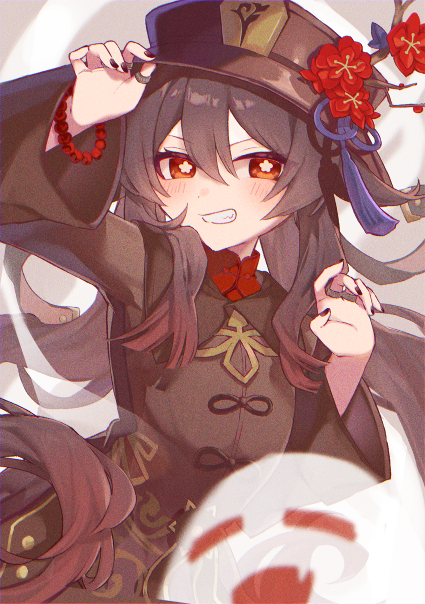 1girl, absurdres, adjusting_clothes, adjusting_headwear, bead_bracelet, beads, black_nails, blush, boo_tao_(genshin_impact), bracelet, bright_pupils, brown_coat, brown_hair, brown_hat, coat, flower, flower-shaped_pupils, genshin_impact, ghost, hamunama, hat, hat_flower, hat_tassel, highres, hu_tao_(genshin_impact), jewelry, long_hair, long_sleeves, looking_at_viewer, orange_eyes, solo, symbol-shaped_pupils, twintails, upper_body, white_pupils