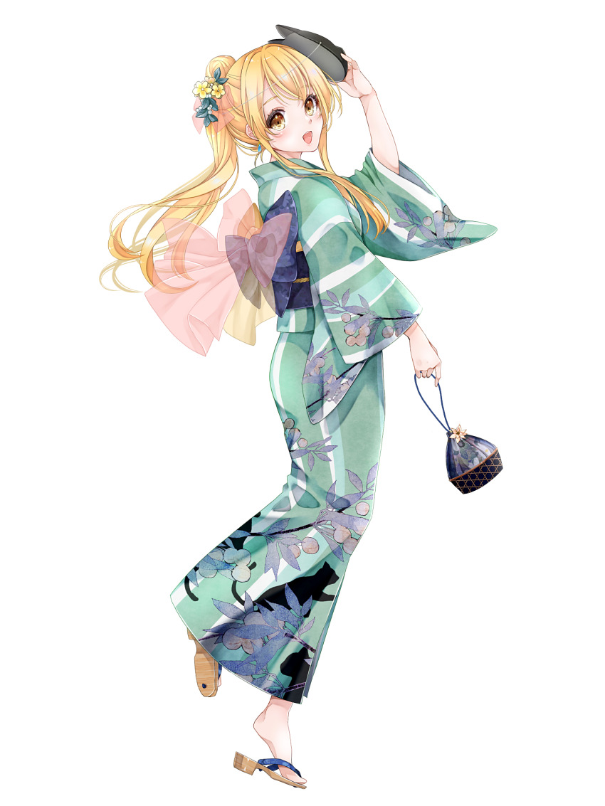 1girl, :d, animal_print, blonde_hair, cat_print, dairoku_ryouhei, erisha_paltier, floral_print