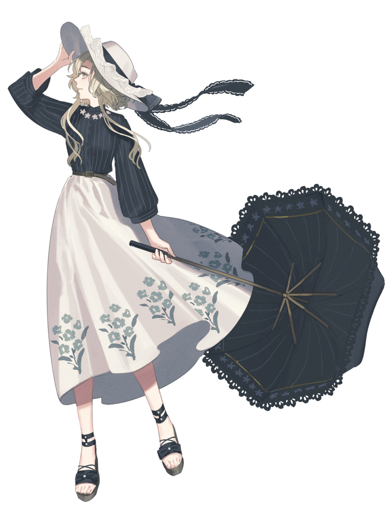 1girl, black_hair, black_shirt, black_umbrella, dairoku_ryouhei, edith_echelle, floral_print, full_body