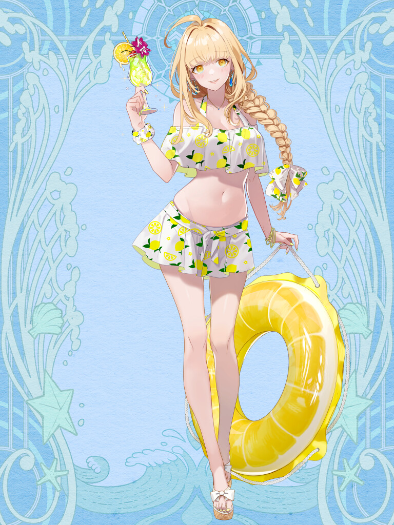 1girl, :d, ahoge, bikini, blonde_hair, blue_background, bracelet, braid, braided_ponytail, cocktail, dairoku_ryouhei, erisha_paltier, flower, food, food_print, fruit, fruit_print, full_body, innertube, jewelry, lemon_print, long_hair, low-tied_long_hair, navel, oomizuao, open_mouth, orange_(fruit), orange_slice, sandals, smile, solo, standing, swim_ring, swimsuit, wristband, yellow_eyes