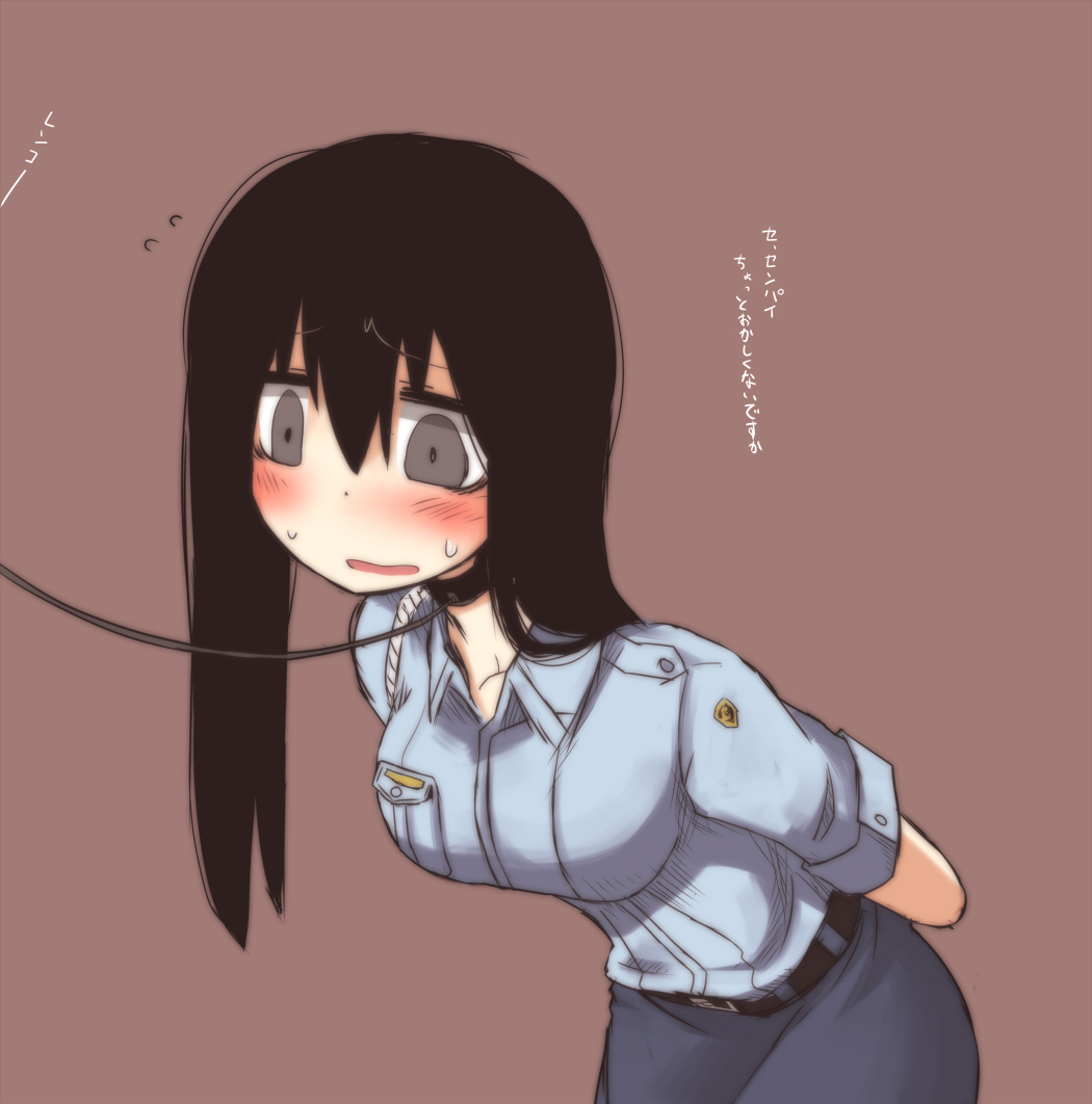 1girl, arms_behind_back, bdsm, black_eyes, black_hair, blush, bondage, bound, collar, female_focus, konohana_saku, leash, pencil_skirt, police, police_uniform, policewoman, shinmai_fukei_kiruko-san, skirt, solo