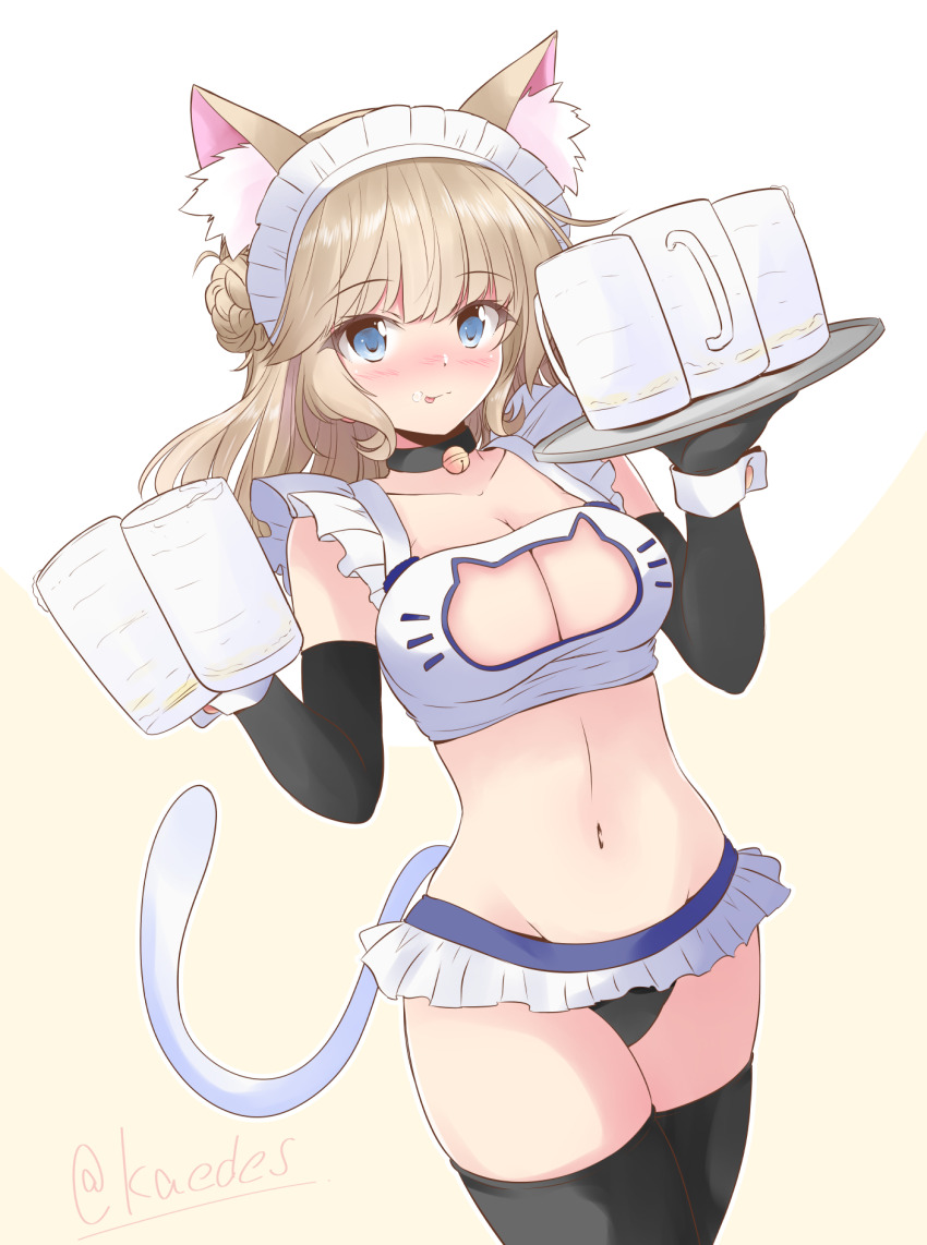 1girl, alternate_costume, animal_ears, beer_mug, black_gloves, black_thighhighs, blue_eyes, braid, breasts, cat_cutout, cat_ears, cat_lingerie, cat_tail, cleavage, clothing_cutout, cup, elbow_gloves, frilled_panties, frills, gloves, hair_bun, highres, kantai_collection, large_breasts, light_brown_hair, long_hair, mug, one-hour_drawing_challenge, panties, ranger_(kancolle), shizuna_kaede, side_braids, simple_background, single_side_bun, solo, standing, tail, thighhighs, tray, underwear, underwear_only, waitress, white_background, wrist_cuffs