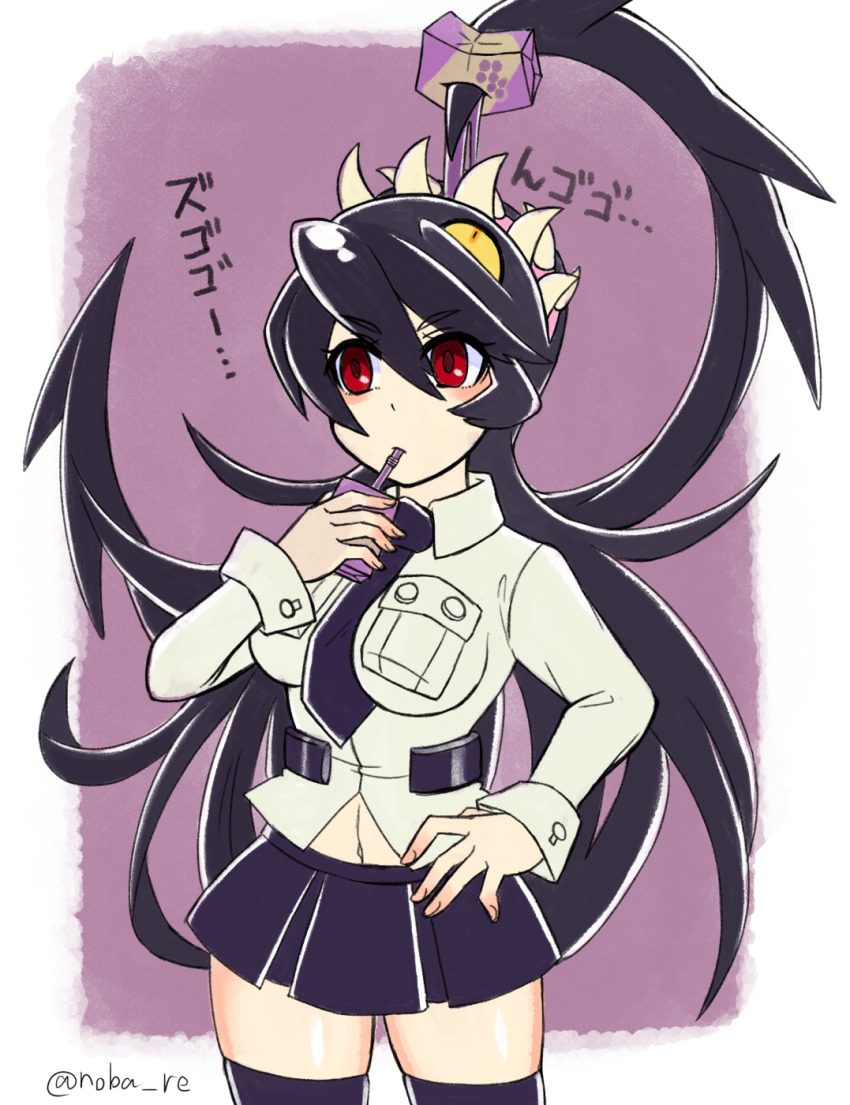 1girl, between_breasts, black_hair, black_necktie, black_thighhighs, blush, border, breast_pocket, breasts, collared_shirt, drink, drink_carton, drinking, drinking_straw, drinking_straw_in_mouth, filia_(skullgirls), fingernails, hair_between_eyes, highres, holding, holding_drink, juice_box, kaiyo_noba, long_hair, long_sleeves, medium_breasts, midriff_peek, miniskirt, necktie, necktie_between_breasts, pocket, prehensile_hair, purple_background, red_eyes, samson_(skullgirls), sharp_teeth, shirt, skirt, skullgirls, teeth, thighhighs, translation_request, twitter_username, very_long_hair, white_border, white_shirt, yellow_eyes