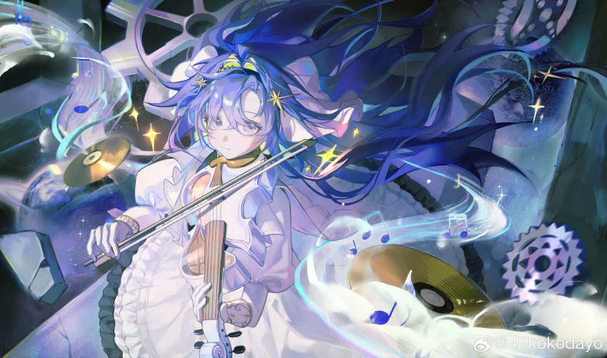 1girl, 47ko, absurdres, bass_clef, beamed_eighth_notes, beamed_sixteenth_notes, black_hairband, blonde_hair