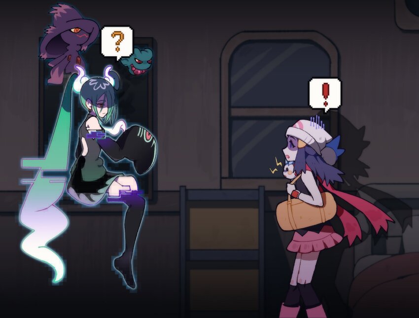 !, 2girls, ?, bag, beanie, black_hair, black_shirt, black_socks