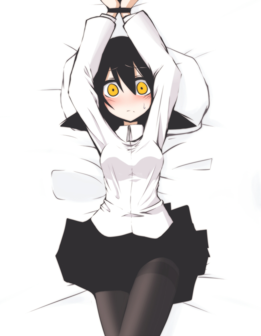 1girl, absurdres, arms_up, bdsm, bed, black_hair, black_pantyhose, black_skirt
