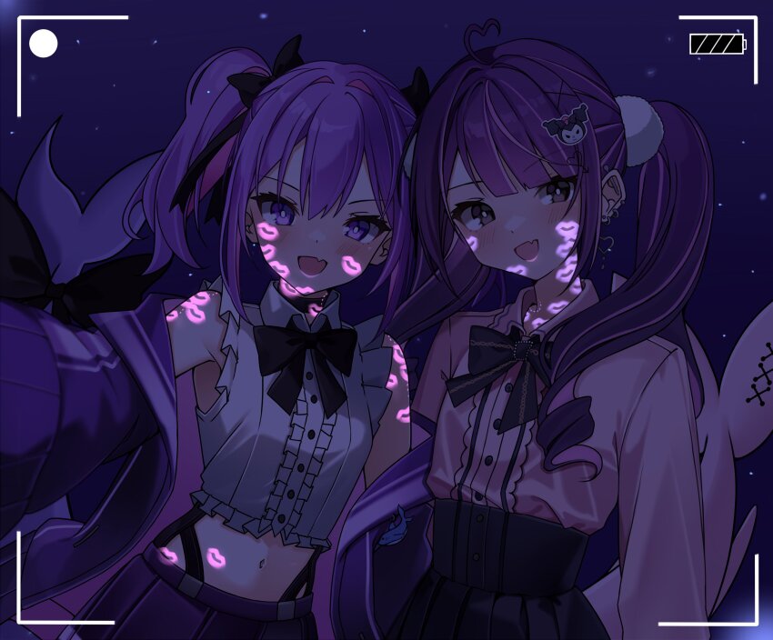 2boys, absurdres, black_eyes, blush, bow, bowtie, cellphone_photo, commission, commissioner_upload, crossdressing, crossdressing_(mtf), earrings, fang, fins, fish_tail, glowing_lipstick_mark, hair_ornament, hair_ribbon, highres, indie_virtual_youtuber, jacket, jewelry, lipstick, lipstick_mark, lipstick_mark_on_arm, lipstick_mark_on_face, lipstick_mark_on_neck, long_hair, long_sleeves, looking_at_viewer, low_twintails, makeup, moenaomii, multiple_boys, open_clothes, open_jacket, open_mouth, outstretched_arm, pink_hair, pink_lips, pink_shirt, pleated_skirt, purple_eyes, purple_hair, purple_jacket, purple_lips, ribbon, sammy_same, selfie, shark, shark_tail, shirt, short_twintails, skin_fang, skirt, smile, tail, trap, twintails, virtual_youtuber, wayanfa, white_shirt