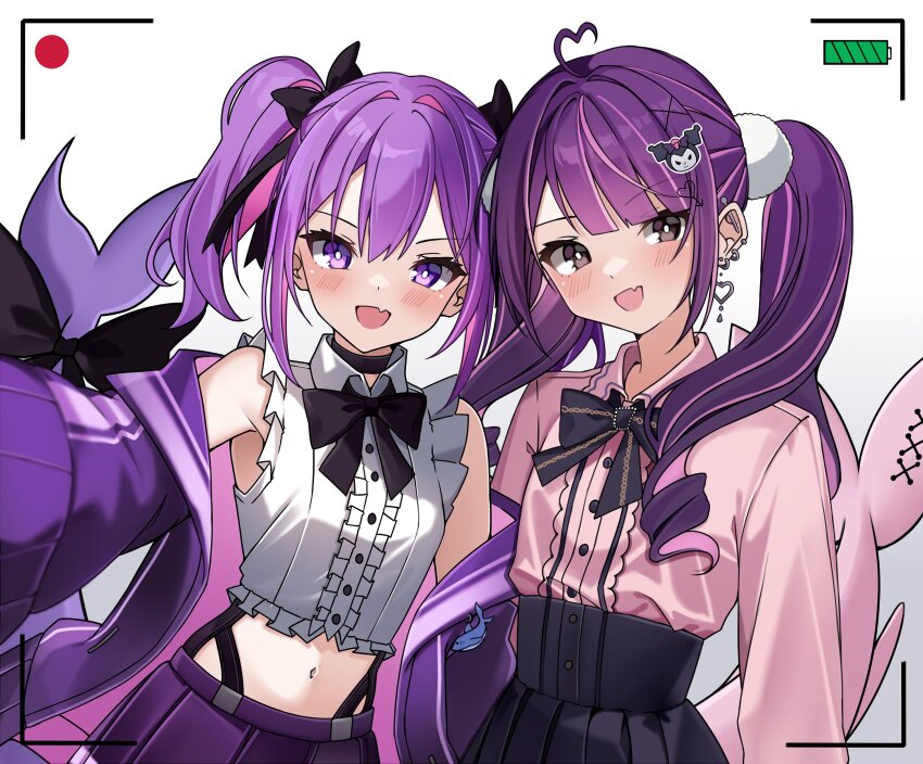 2boys, absurdres, black_eyes, blush, bow, bowtie, cellphone_photo, commission, commissioner_upload, crossdressing, crossdressing_(mtf), earrings, fang, fins, fish_tail, hair_ornament, hair_ribbon, highres, indie_virtual_youtuber, jacket, jewelry, long_hair, long_sleeves, looking_at_viewer, low_twintails, moenaomii, multiple_boys, my_melody_(series), open_clothes, open_jacket, open_mouth, outstretched_arm, pink_hair, pink_shirt, pleated_skirt, purple_eyes, purple_hair, purple_jacket, recording, ribbon, sammy_same, sanrio, selfie, shark, shark_tail, shirt, short_twintails, skin_fang, skirt, smile, tail, trap, twintails, viewfinder, virtual_youtuber, wayanfa, white_shirt