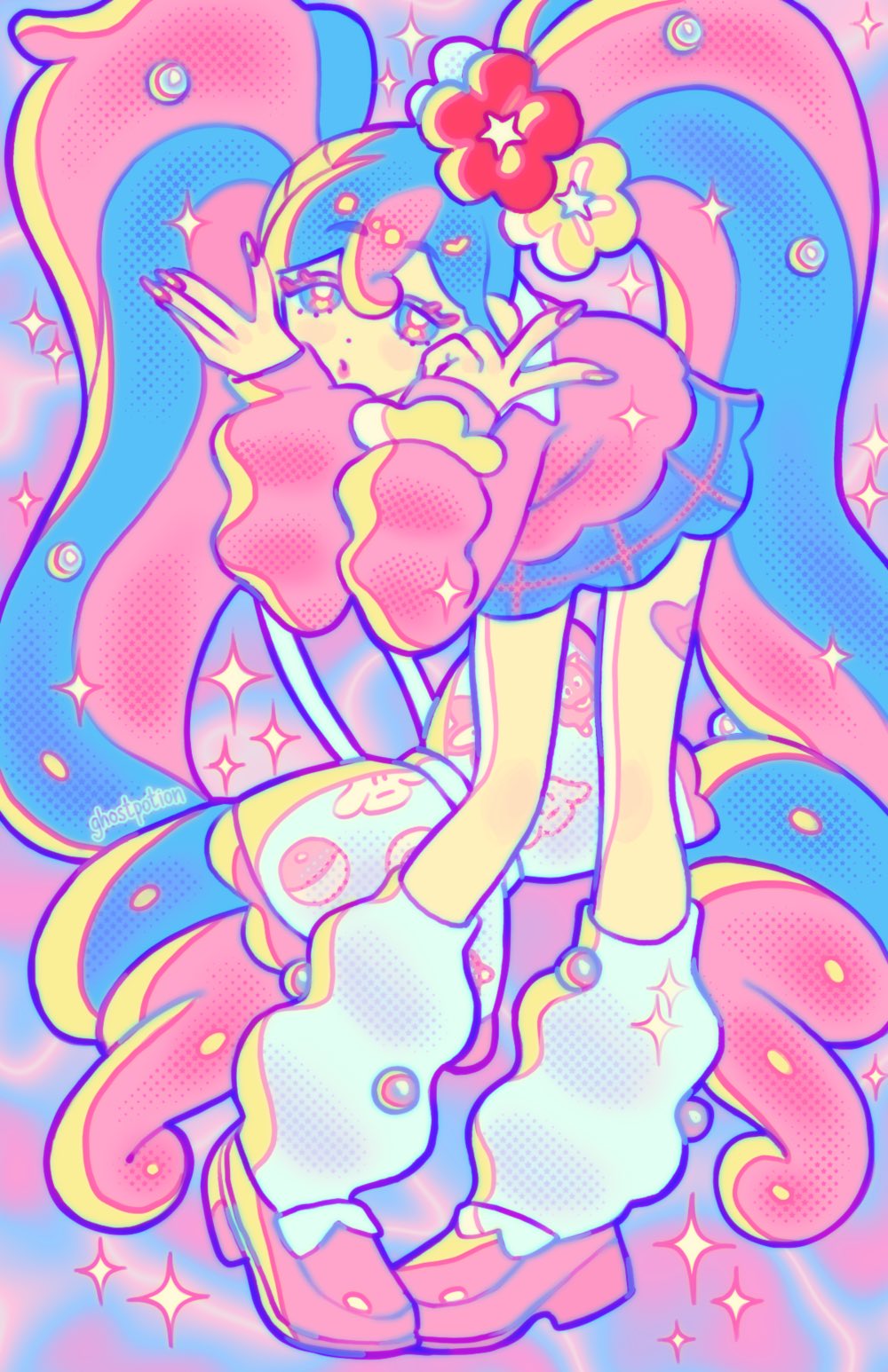 1girl, blue_hair, blue_skirt, bow, commentary, english_commentary, fairy_miku_(project_voltage), flower