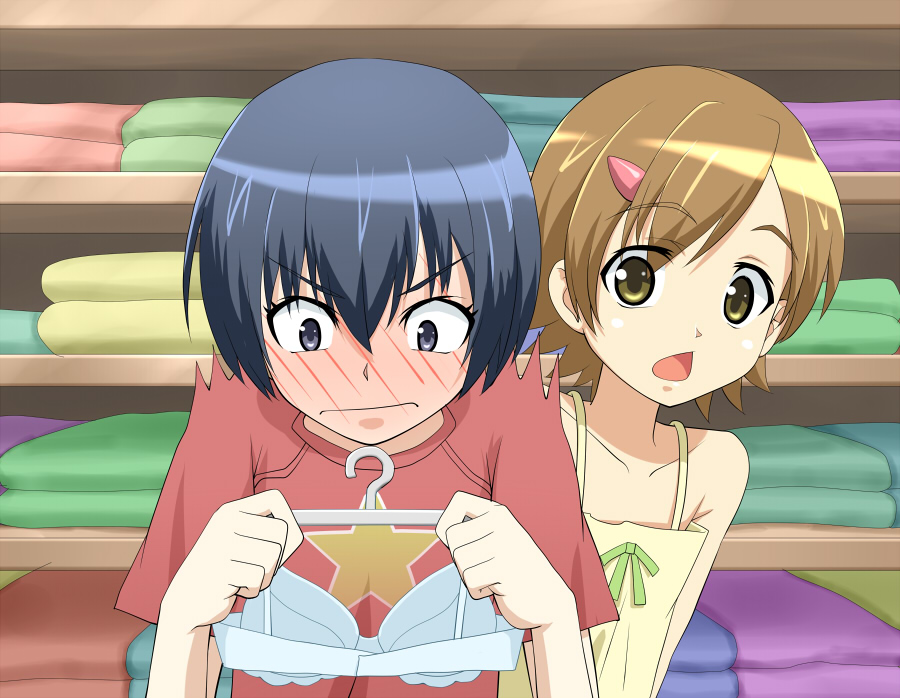 1boy, 1girl, androgynous, blush, bra, brown_hair, crossdressing, kayaku_(banban), lingerie, mako-chan_(minami-ke), makoto_(minami-ke), minami-ke, minami_touma, reverse_trap, trap, underwear