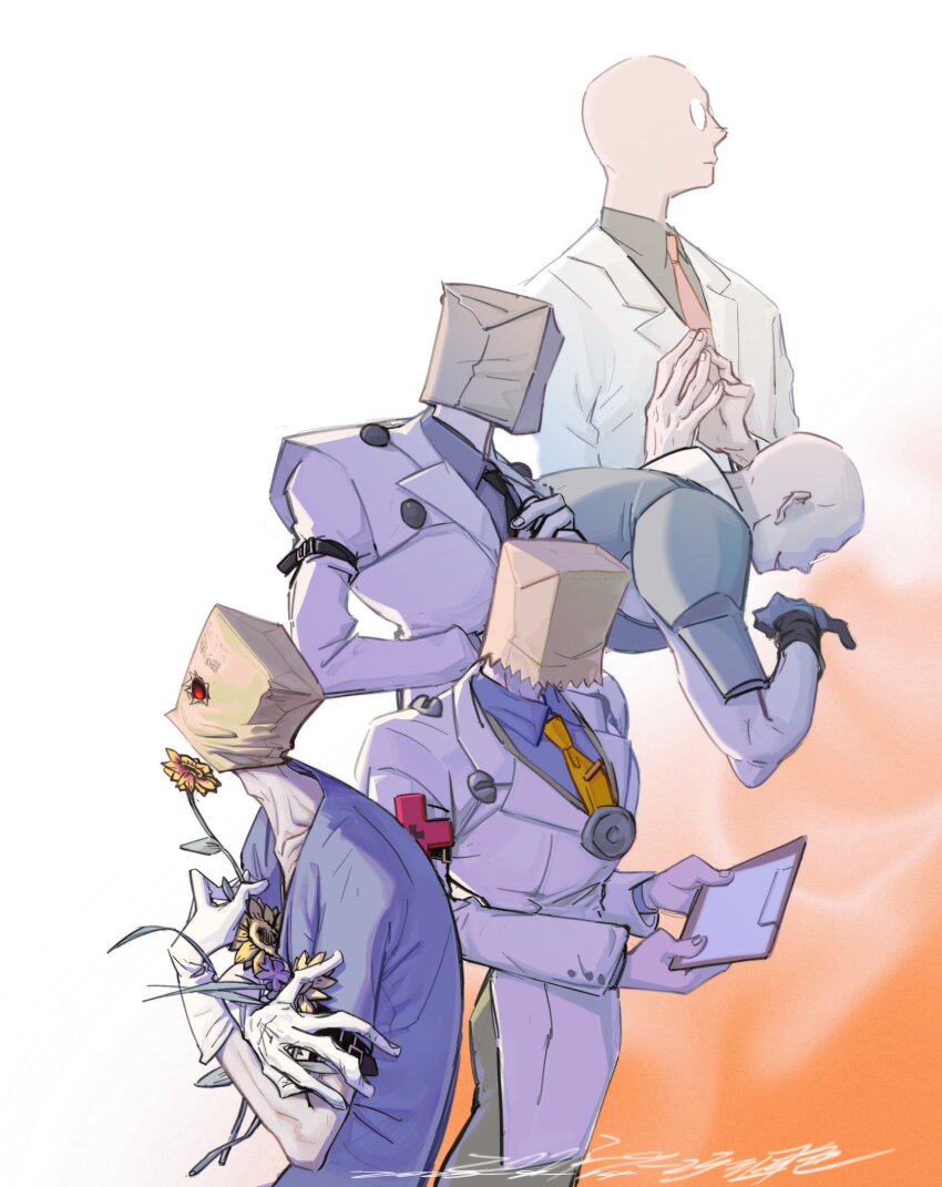 bag_on_head, bald, belt, dr._baldhead, faust_(guilty_gear), flower, glasses, guilty_gear, highres, necktie, red_eyes, smile, sunflower