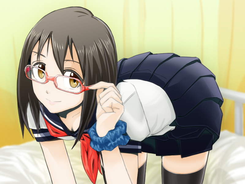 1girl, adjusting_eyewear, all_fours, bed_sheet, black_hair, black_thighhighs, blue_sailor_collar, blue_scrunchie