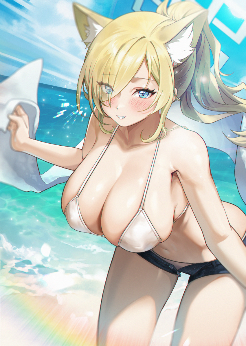 1girl, absurdres, alternate_costume, animal_ear_fluff, animal_ears, armpits, asymmetrical_bangs, beach