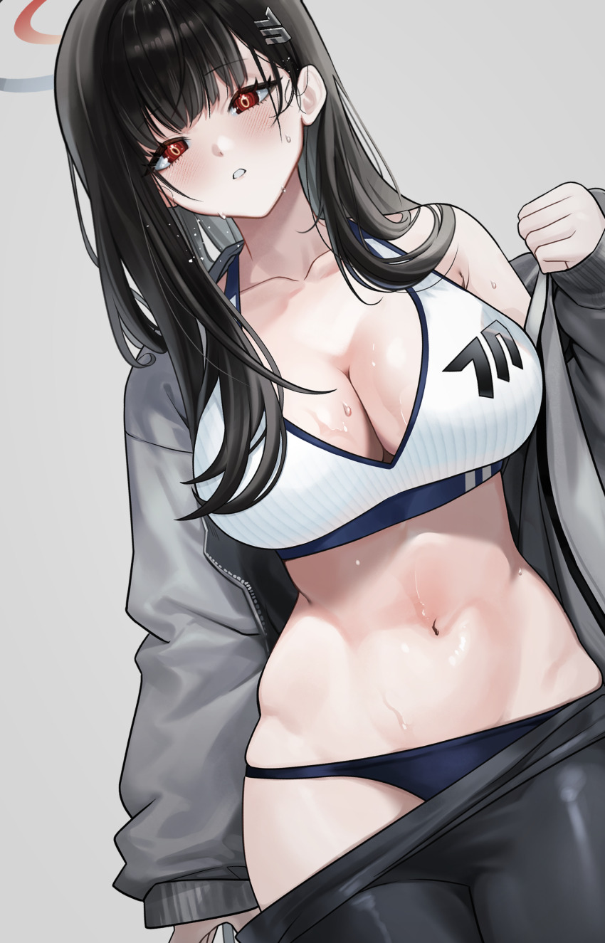 1girl, absurdres, black_hair, black_pants, blue_archive, blue_panties, blush, breasts