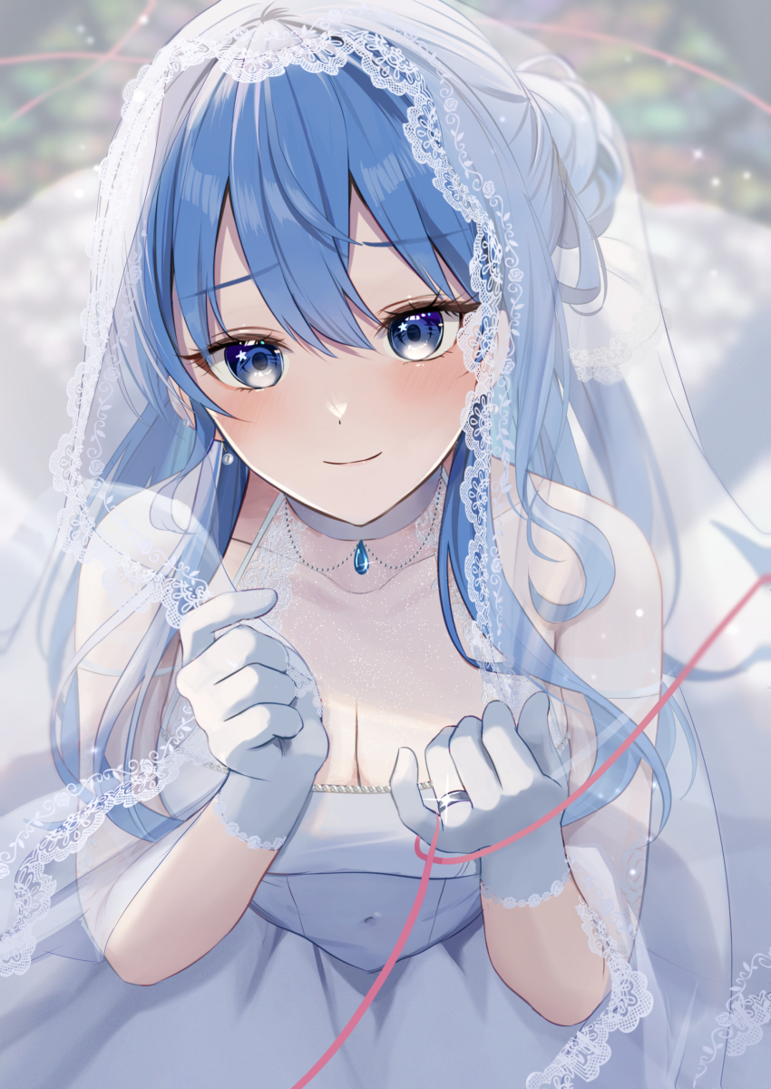 1girl, absurdres, blue_eyes, blue_hair, breasts, bridal_veil, cleavage, dress