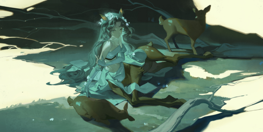 1girl, absurdres, animal_ears, arm_support, bare_shoulders, branch, breasts, brown_hair, centauroid, cleavage, closed_mouth, curly_hair, dark_background, deer, deer_ears, deer_girl, ear_tag, elbow_gloves, fingerless_gloves, flower, flower_wreath, full_body, gloves, grass, green_eyes, hair_intakes, hand_on_own_arm, henrryxv, highres, jessica_(reverse:1999), long_hair, looking_at_viewer, lying, medium_breasts, multicolored_background, navel, night, on_ground, on_side, parted_bangs, plant_roots, reverse:1999, sidelighting, solo, stomach, strapless, taur, tube_top, very_long_hair, white_flower, white_gloves, white_tube_top, yellow_background