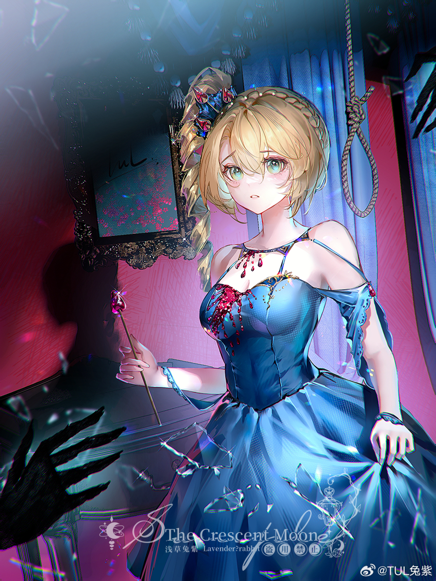 1girl, 1other, black_hands, blonde_hair, blue_dress, braid, breasts, cleavage