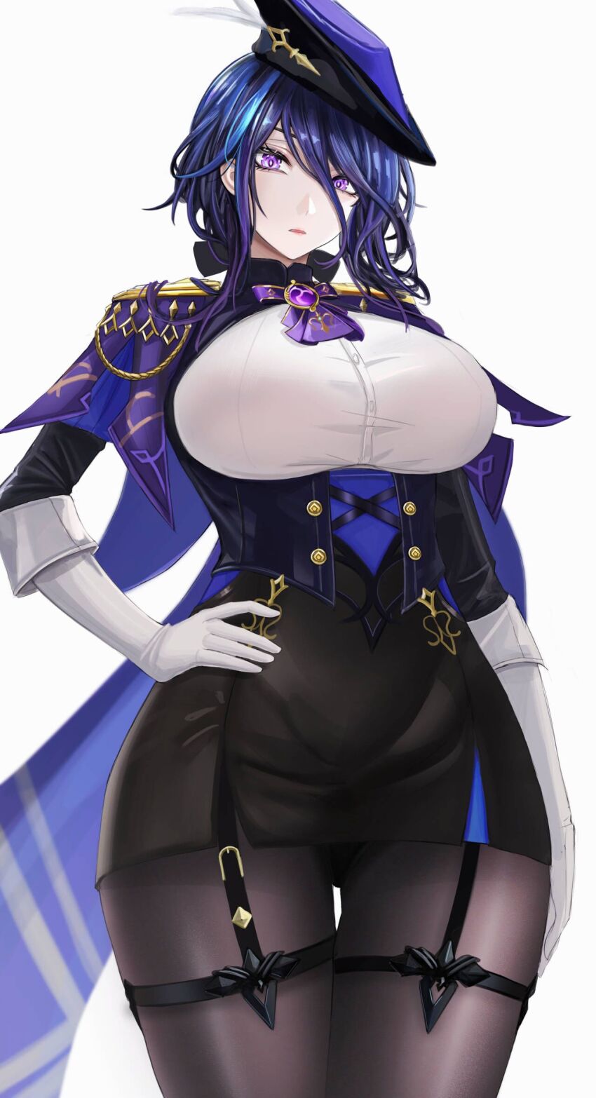 1girl, ascot, black_corset, black_pantyhose, black_skirt, blue_cape, blue_hair, blue_hat