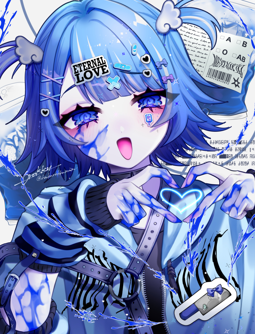 1girl, @_@, absurdres, arm_warmers, artist_name, bandaid, bandaid_hair_ornament, barcode