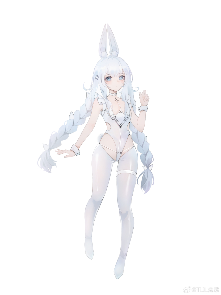 +_+, 1girl, absurdres, animal_ears, azur_lane, blue_eyes, bow, braid, breast_curtains, breasts, choker, crotchless, crotchless_pantyhose, fake_animal_ears, female_focus, full_body, hair_bow, hair_ornament, hand_up, highres, le_malin_(azur_lane), le_malin_(listless_lapin)_(azur_lane), leotard, long_hair, looking_at_viewer, low_twin_braids, o-ring, o-ring_choker, official_alternate_costume, pantyhose, parted_lips, playboy_bunny, rabbit_ears, rabbit_tail, small_breasts, solo, tail, thigh_strap, tul_tuzi, twin_braids, very_long_hair, watermark, weibo_watermark, white_background, white_bow, white_choker, white_hair, white_leotard, white_pantyhose, wrist_cuffs, x_hair_ornament