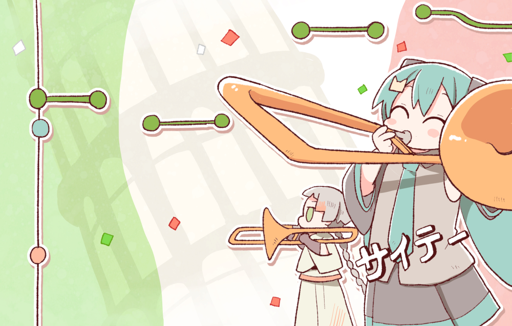 2girls, ^_^, animal_hair_ornament, black_gloves, black_skirt, black_sleeves, blue_hair, blunt_bangs