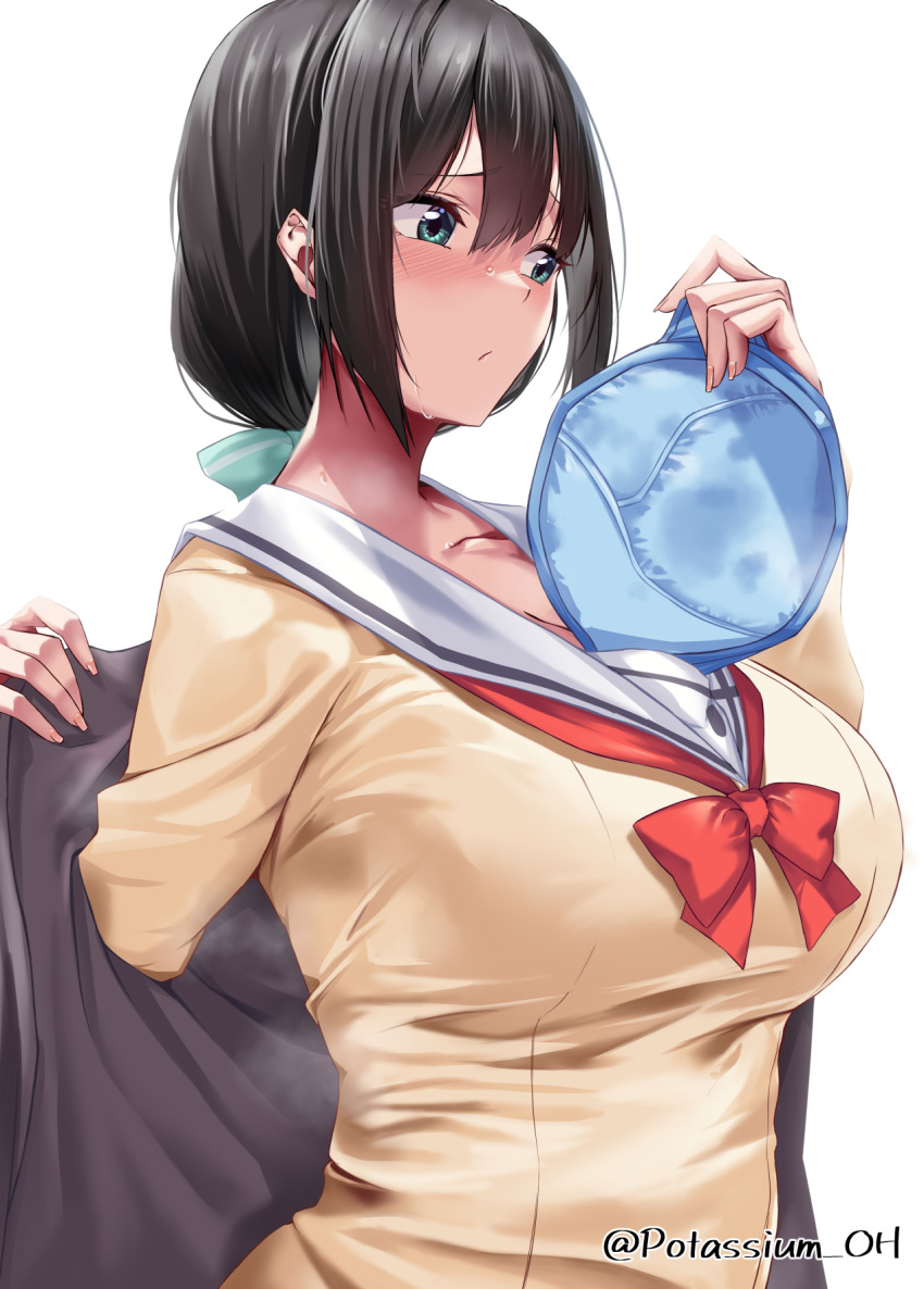 1girl, aqua_bow, aqua_eyes, artist_name, black_hair, blue_bra, blush, bow, bowtie, bra, breasts, cardigan, cleavage, closed_mouth, commentary_request, double-parted_bangs, from_side, grey_cardigan, highres, holding, holding_bra, holding_unworn_clothes, holding_underwear, large_breasts, long_hair, looking_afar, looking_ahead, low-tied_long_hair, potassium_oh, red_bow, red_bowtie, removing_bra, removing_bra_under_shirt, sanshuu_middle_school_uniform, school_uniform, signature, simple_background, solo, sweatdrop, sweater_vest, tougou_mimori, twitter_username, underwear, upper_body, white_background, yellow_sweater_vest, yuuki_yuuna_wa_yuusha_de_aru, yuusha_de_aru