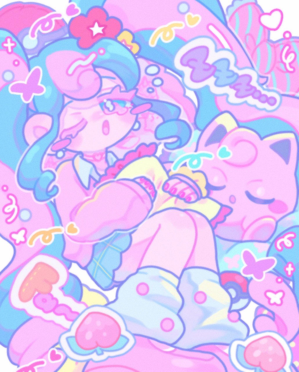 1girl, :o, blue_hair, blue_skirt, blush_stickers, closed_eyes, collared_shirt, fairy_miku_(project_voltage), flower, food, fruit, gen_1_pokemon, hair_flower, hair_ornament, hatsune_miku, heart, highres, hugging_object, jigglypuff, long_hair, long_sleeves, looking_at_viewer, loose_socks, multicolored_hair, nachi_(cherrycoke73), nail_polish, nintendo, one_eye_closed, open_mouth, pastel_colors, peach, pink_hair, pink_shoes, pink_sweater, pokemon, pokemon_(creature), project_voltage, red_nails, shirt, shoes, sitting, skirt, sleeping, socks, solo, sweater, twintails, two-tone_hair, very_long_hair, vocaloid, white_socks, yume_kawaii, zzz