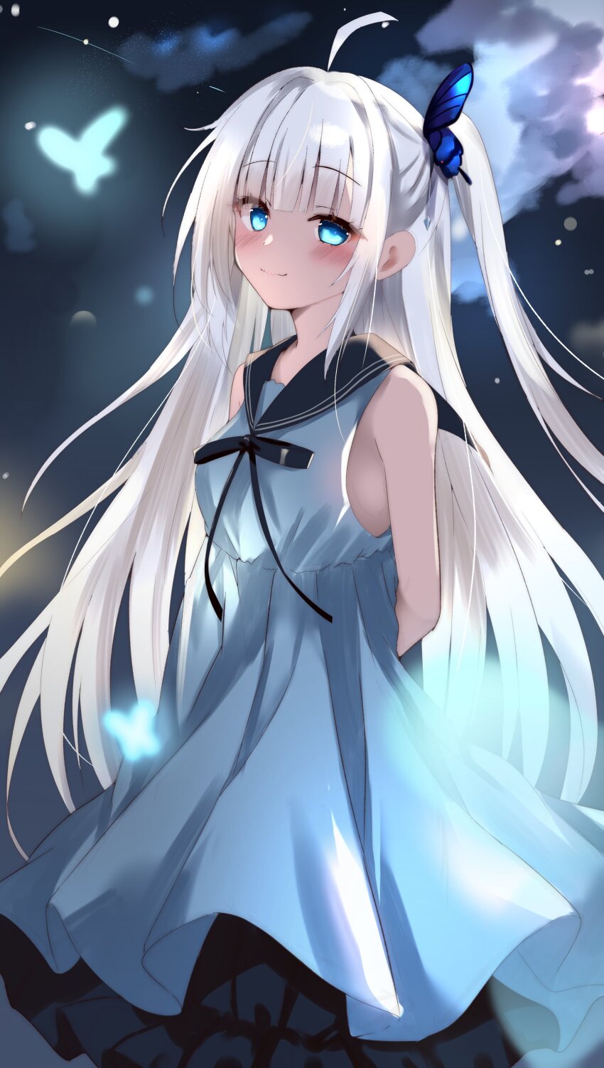 1girl, absurdres, ahoge, arms_behind_back, bare_shoulders, black_ribbon, black_sailor_collar, blue_butterfly