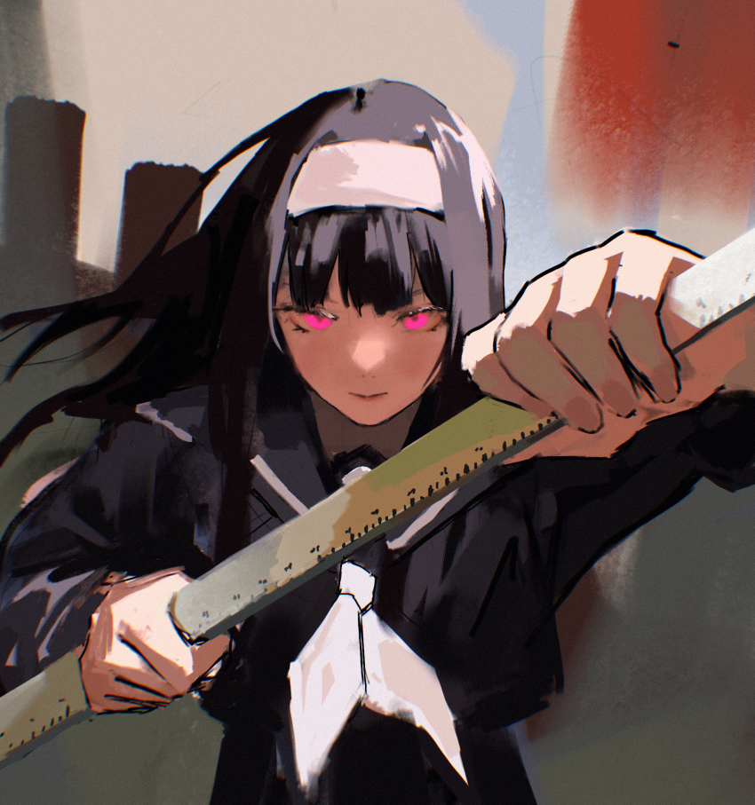 1girl, black_hair, black_sailor_collar, closed_mouth, hairband, highres, holding, kagurabachi