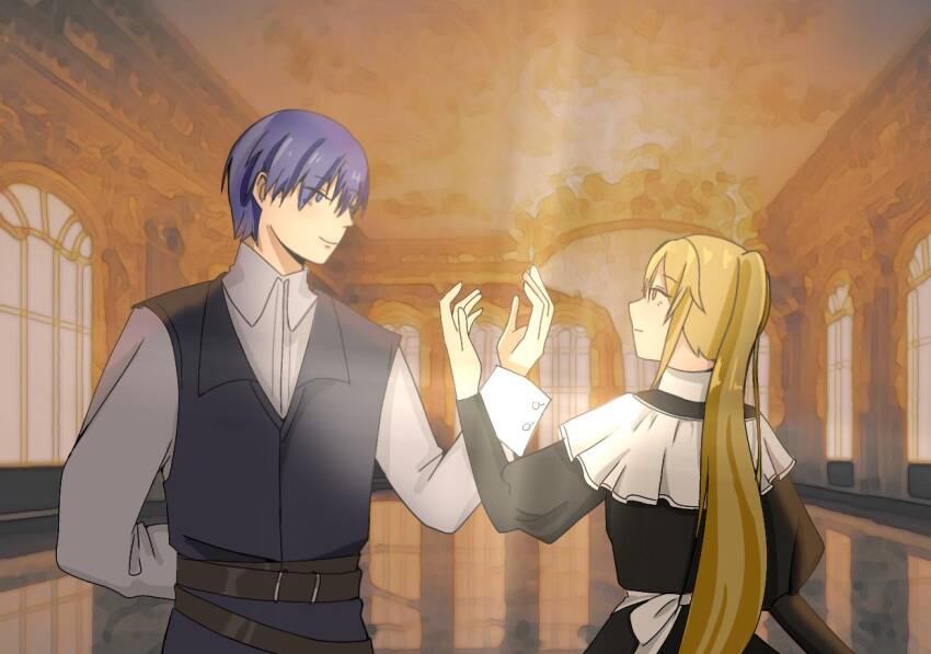 1boy, 1girl, akita_neru, apron, arm_behind_back, ballroom, black_dress, black_jacket