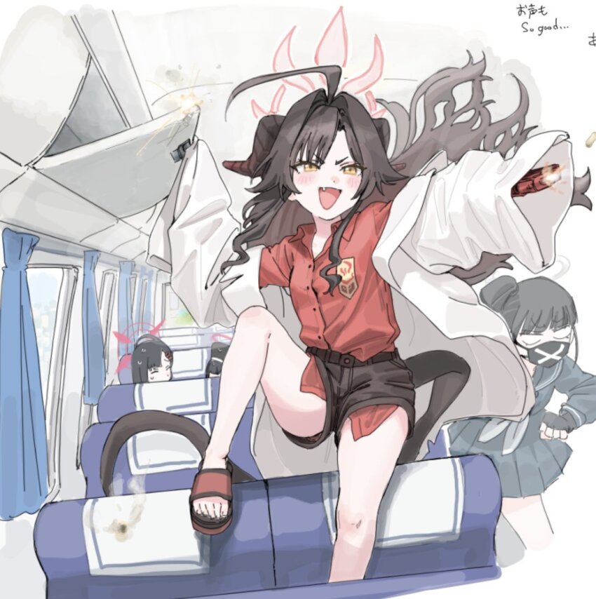 4girls, ahoge, black_hair, blue_archive, commentary_request, fang, gun, halo