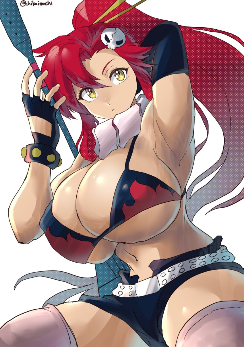1girl, arm_behind_head, armpits, bikini, bikini_top_only, bracelet, breasts, chikoinochi, cleavage, fingerless_gloves, gloves, highres, huge_breasts, legs, long_hair, midriff, navel, ponytail, red_hair, scarf, shorts, solo, studded_bracelet, swimsuit, tengen_toppa_gurren_lagann, thighs, yoko_littner