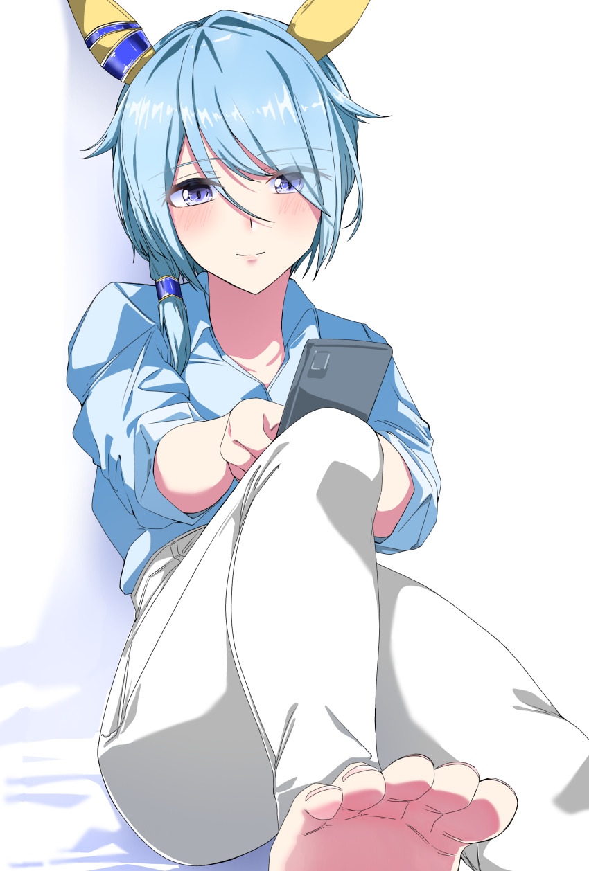 1girl, absurdres, animal_ears, barefoot, blue_eyes, blue_hair, blush, casual, cellphone, closed_mouth, collarbone, collared_shirt, commentary_request, ear_covers, feet, foot_out_of_frame, hair_between_eyes, hair_ornament, highres, holding, holding_phone, horse_ears, horse_girl, k.s.miracle_(casual)_(umamusume), k.s.miracle_(umamusume), knee_up, long_sleeves, looking_at_viewer, nerukichikatafukuma, official_alternate_costume, pants, phone, shirt, short_hair, simple_background, sitting, smartphone, soles, solo, textless_version, toes, umamusume, white_background